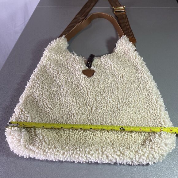 Sherpa Leather Womens Hobo Bag Cream Brown Gold Accents Plush Made in Italy - Picture 5 of 16